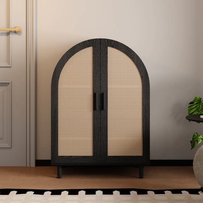 Meuble à chaussures - MODERNLUXE - 70x40x100 cm - 2 portes rotin - 3 étagères réglables - Naturel + Noir