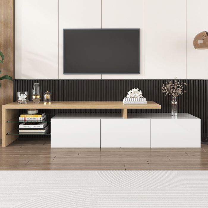 Meuble TV 2 portes avec éclairage LED - Convient aux téléviseurs jusqu'à 70, 1 étagère en verre, blanc, MDF, 160x40x45 cm Meuble TV 2 portes avec éclairage LED - Convient aux téléviseurs jusqu'à 70, 1 étagère en verre, blanc, MDF, 160x40x45 cm