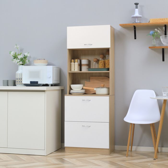Meuble salle de bain Buffet Armoire de cuisine multi-rangements 2 tiroirs 1 placard grand plateau 60 x 38 x 168 cm MDF blanc