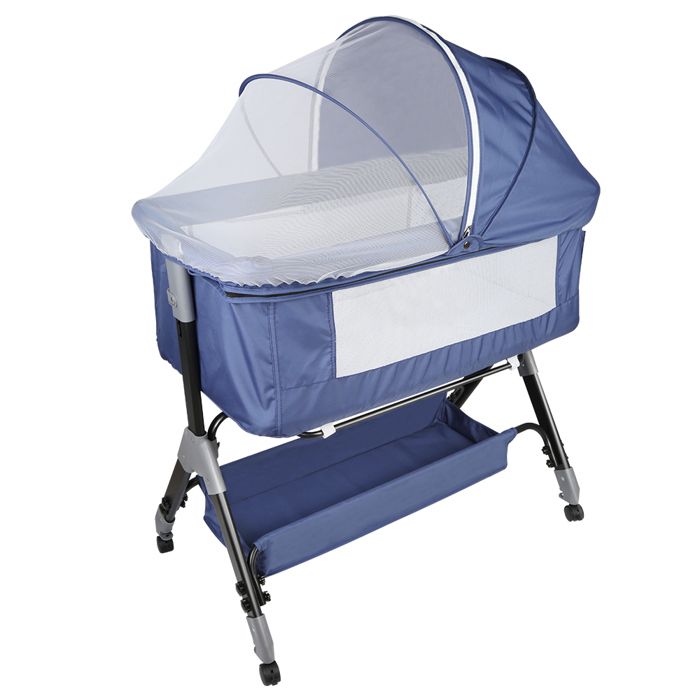 Lit Bébé Cododo 2 en 1 - Berceau Cododo avec Matelas et Moustiquaire - Hauteur Réglable - 104x52x103-115 cm - Bleu Marine