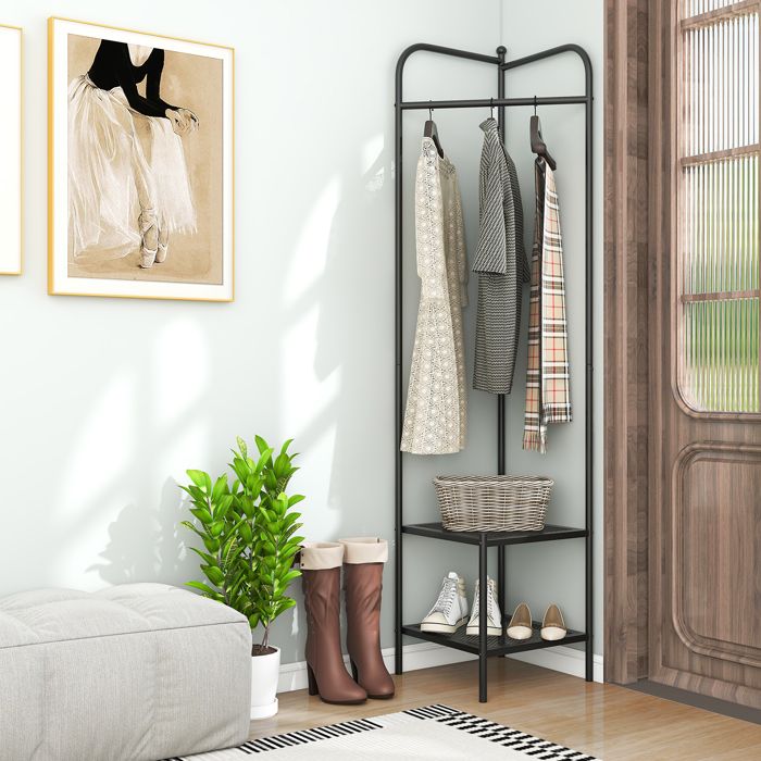 GIANTEX Porte-Manteau- Porte-Vêtements- Étagère à Chaussures à 2 Niveaux- Cadre en Métal- Entrée Chambre- 42 5x42 5x193 5cm- Noir