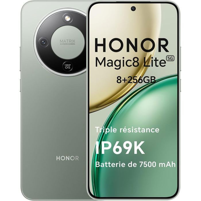 Smartphone 5G - HONOR Magic8 lite - 8Go RAM - 256Go - 7500 mAh - 108 Mpx + OIS - IP68 & IP69K - Vert - EU version