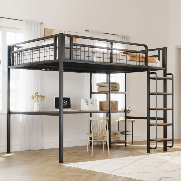 Lit mezzanine en métal 140 * 200cm échelle de sécurité avec escalier lit bébé avec table et étagère lit pour adolescent barriè