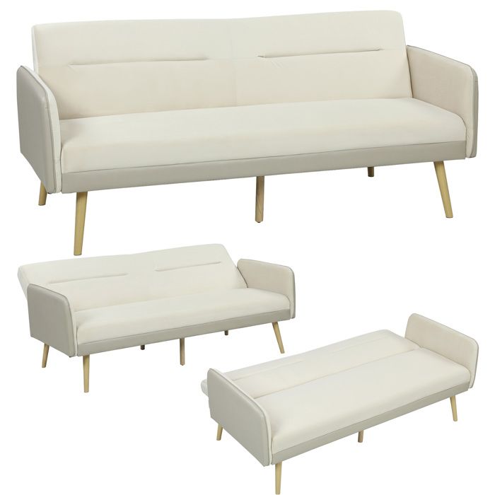Canapé-lit - HOMCOM - clic-clac 3 places - 3 en 1 - dossier réglable - tissu effet velours et PU - 185 x 84 x 83 cm - beige