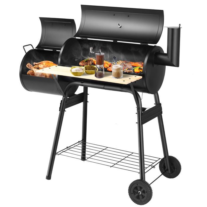 Barbecue à charbon - HELLOSHOP26 - Modèle avec fumoir - 115 x 65 x 108 cm - 2 étagères - Antirouille