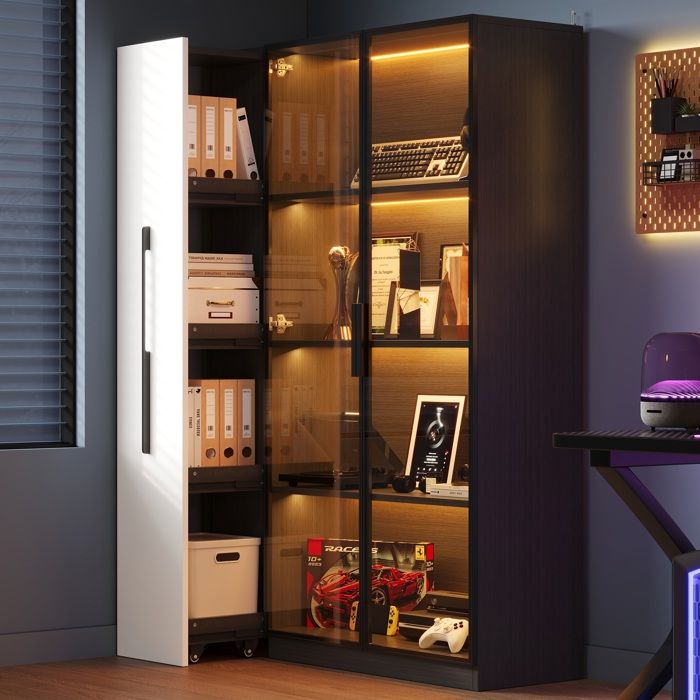 Vitrine 110 5×35×160 armoire haute avec porte vitrée LED tiroir latéral coulissant meuble à roulettes Meuble multifonctionnel