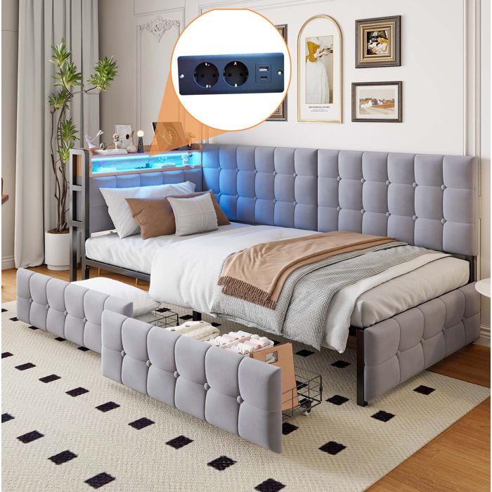 Lit banquette enfant 90×200 cm. LED. USB+Type C. avec 2 tiroirs. sommier tapissier. lit simple. sans matelas. gris