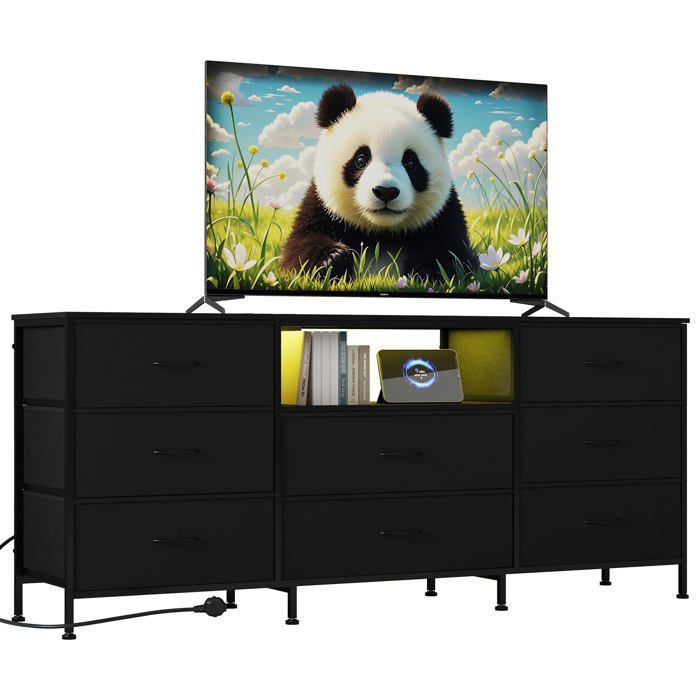 Meuble TV industriel 160 cm en acier – 8 tiroirs rangement pour salon/chambre idéal pour grands écrans noir