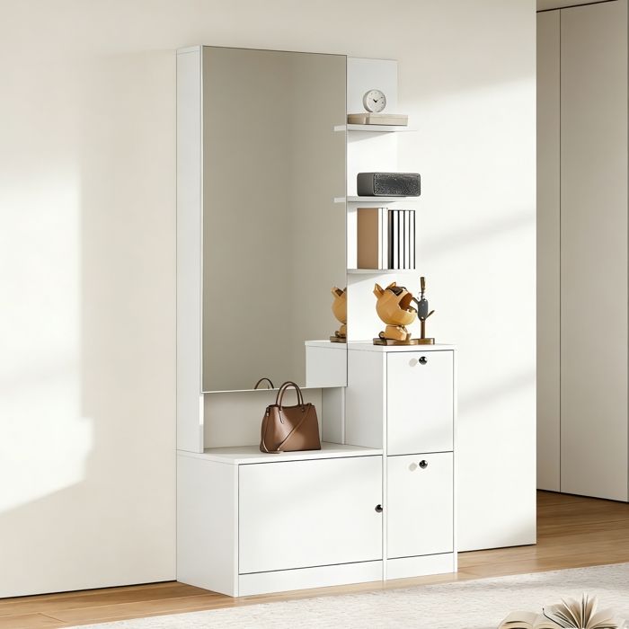 Vestiaire dentrée 85 × 40 × 180 cm avec miroir étagère à chaussures étagères ouvertes et compartiments de rangement blanche