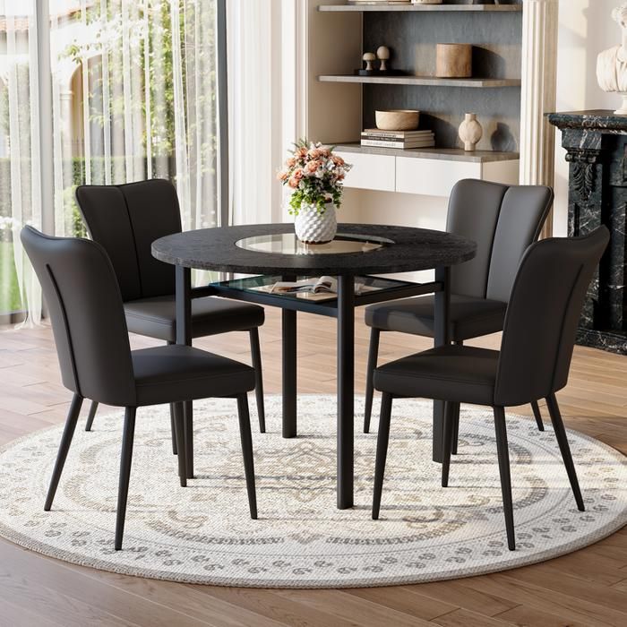 Table à manger avec 4 chaises noirs en PU et des pieds en métal noir Ensemble salle a manger moderne ronde de 100 cm de diamètre