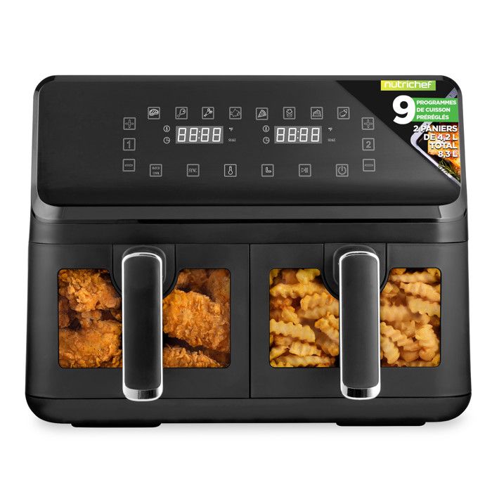Friteuse à Air Sans Huile - NutriChef - Airfryer -  Double Panier 83 L - 9 Programmes - Noir