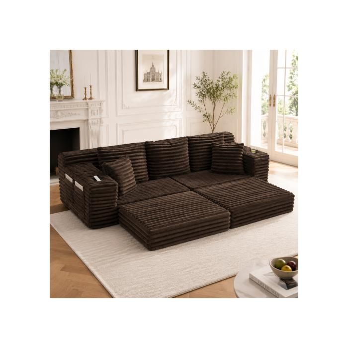 Canapé‑lit - Compressible - Velours côtelé café - 4 places 273×98×87 cm - Poches latérales & porte‑gobelets