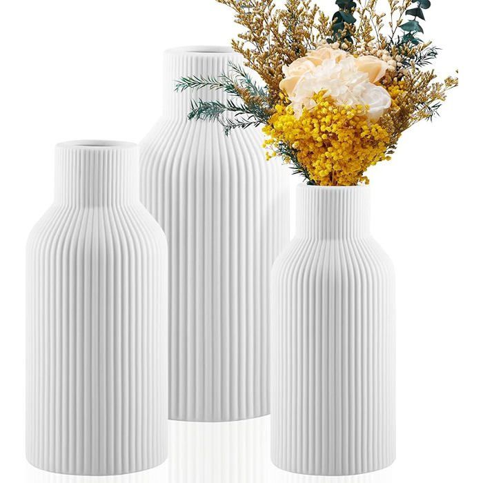 Vase Décoratif Lot de 3 Vases pour Fleurs (Grand + Moyen + Petit) Vase Ceramique Blanc pour Décoration de Table et A-blanc