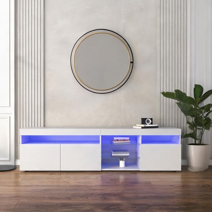 Meuble TV 180 cm design contemporain en MDF blanc brillant avec éclairage LED variable