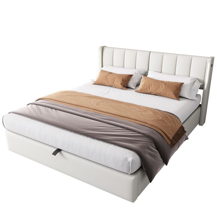 Lit rembourré 140x200 cm avec USB rechargeable LED intégrée rangement et tête de lit ajustable blanc