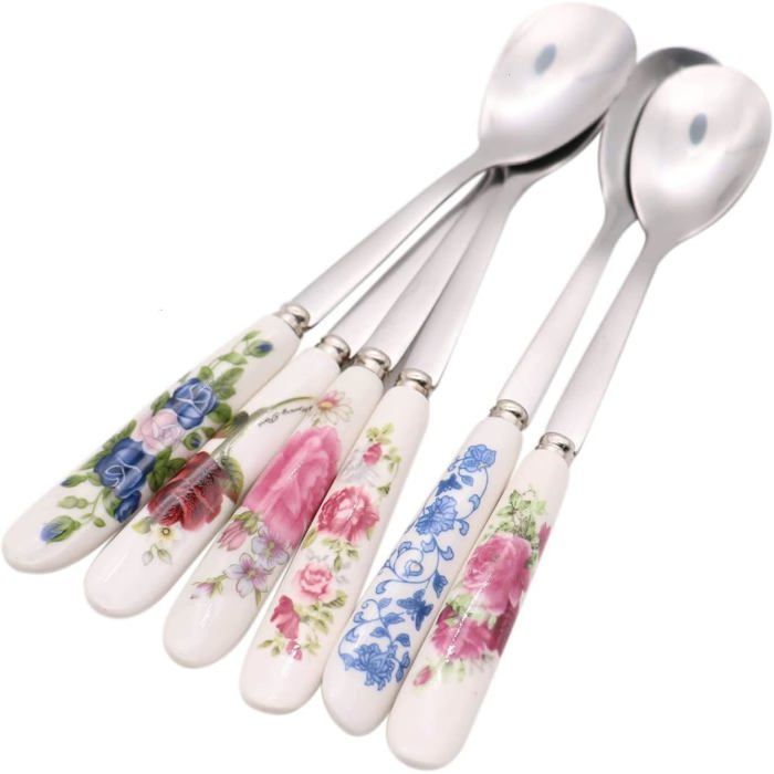 Cuillères à café - GRANDSALEY - Lot de 6 - Manches en céramique - Acier inoxydable - Finition poli miroir