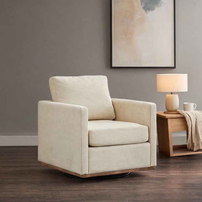 Fauteuil club pivotant à 360° en chenille beige chaleureuse forme carrée moderne pour salon ou chambre