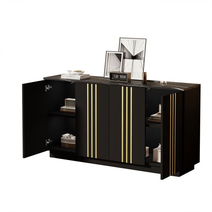 Buffet - HIBA - Buffet Salon Noir - 140 x 35 x 70 cm - 4 portes - Étagères ajustables