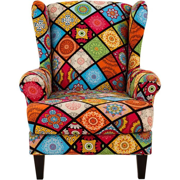 Housse de Fauteuil à Oreilles Extensible 2 Pièces Couverture de Fauteuil avec Housse de Coussin en T Imprimé Housse de Fauteuil