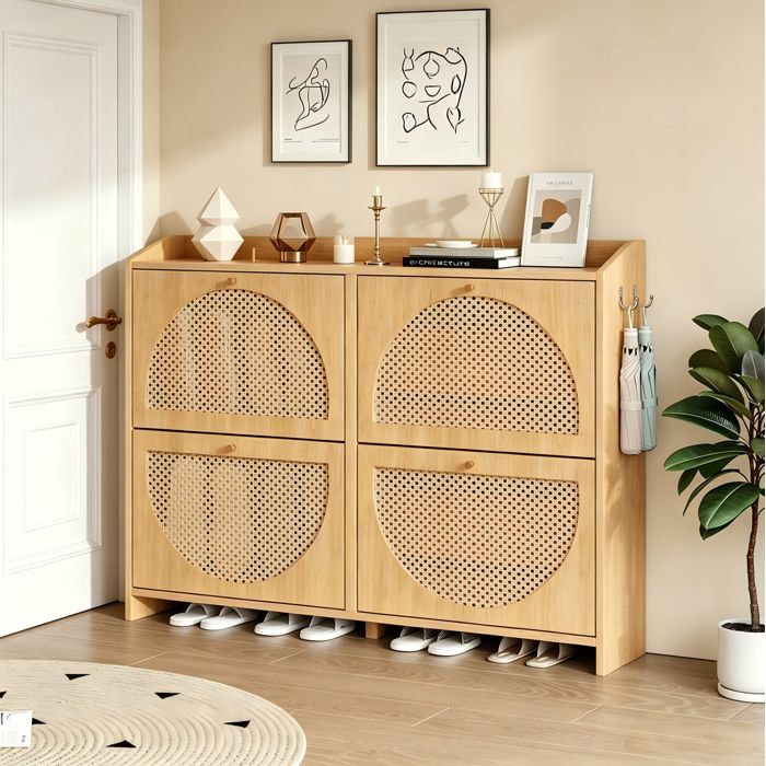 WOVREO Meuble à chaussures 120x24x90 cm avec 4 portes abattantes 8 compartiments 2 crochets MDF naturel