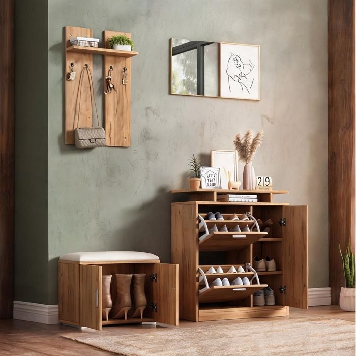 Ensemble vestiaire entrée 140 cm avec banc meuble 5 portes patères et miroir ton bois naturel