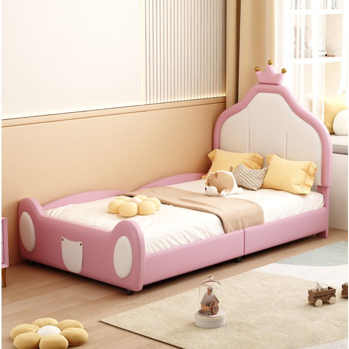 WOVREO Lit enfant princesse 90 x 200 cm tête de lit couronne similicuir rose et blanc