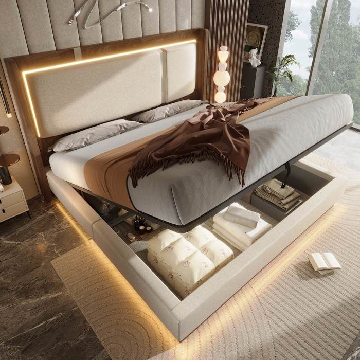 Lit coffre 140x200 cm avec LED et rangement hydraulique Lit double avec tête de lit rembourrée Style rétro élégant Lin Beige