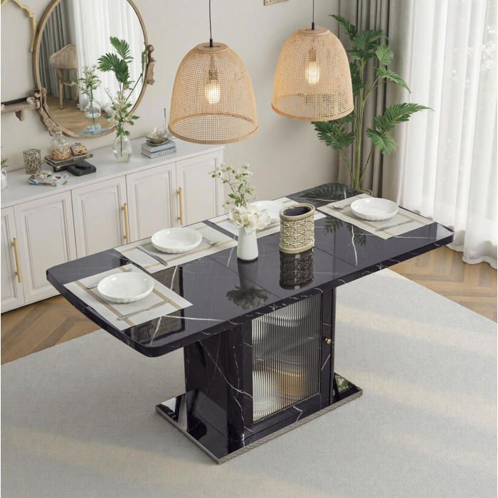 WOVREO Table a manger extensible rectangulaire 120-160 cm noir effet marbre avec rangement et porte en verre