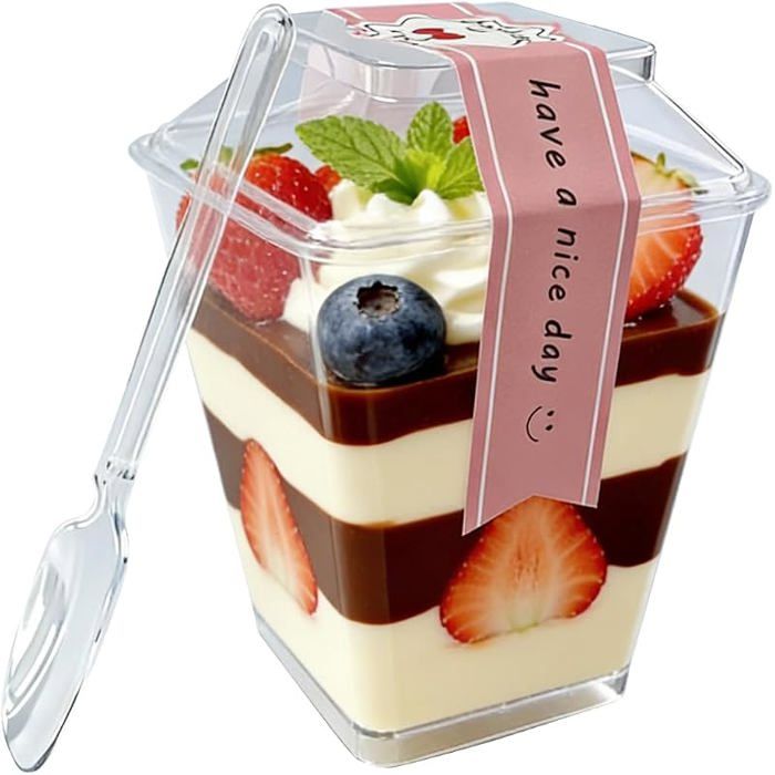 Verres dessert 150 ml avec couvercle cuillère gobelets carrés empilables lot 50 VERRINE