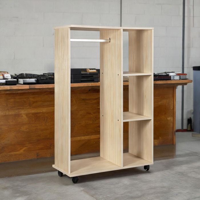 Armoire penderie mobile en panneaux de particules aspect chêne clair 80 x 40 x 128 cm 1 tringle et 3 étagères