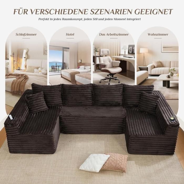 Canapé - KOMHTOM - 320x155x88 cm - Velours côtelé - Porte-gobelets & poches - 6 coussins Canapé - KOMHTOM - 320x155x88 cm - Velours côtelé - Porte-gobelets & poches - 6 coussins