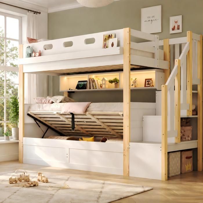 Lit superposé enfant EVRYAE 90x200 cm avec coffre de rangement échelle rangements LED USB blanc bois