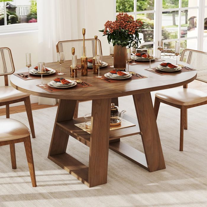 Table à manger extensible ronde 110/150 cm - 4-6 personnes - table ronde salle a manger avec rangement - MDF - noyer