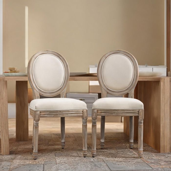 Lot de 2 chaises médaillon style Louis XVI en bois sculpté patiné aspect lin beige - Crème Bois de caoutchouc 49 x 56 x 96 cm Ref
