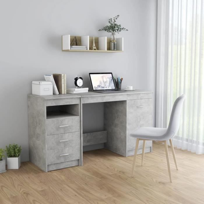 Bureau - AKOZON - 140x50x76 cm - Gris béton - Aggloméré - 3 tiroirs