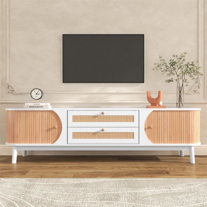 meuble tv 170x39.5x46cm - meuble tv en bois avec portes et tiroirs en rotin style maison de campagne pour rangement - naturel