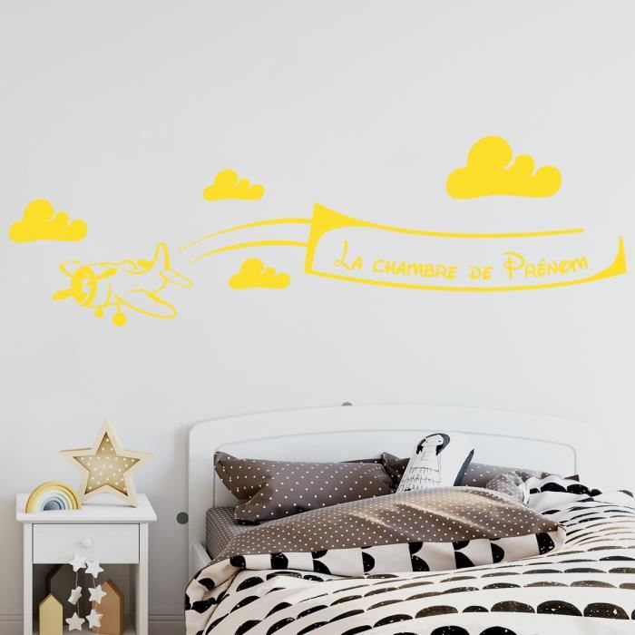 Stickers Muraux Deco Chambre Enfant Sticker Avion Chambre Bebe Avec Prenom Au Choix Jaune 800x250 Mm Cdiscount Maison