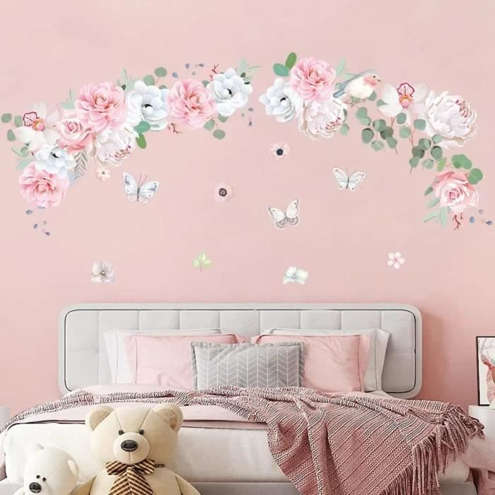 Autocollants Muraux de Fleurs Roses pour Chambre à Coucher, Salon