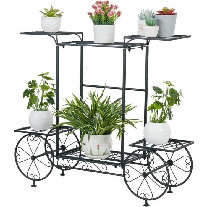 Étagère à Fleurs Fer Forgé Porte Plantes 83 x 68.5 x 22cm Escalier Fleurs en Forme de Chariot pour Maison Jardin Terrasse Balcon