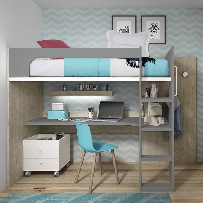 Lit Mezzanine Fer Gris Lit Mezzanine Avec Bureau 170x200 3x109 2 Cm Chene Gris Argile