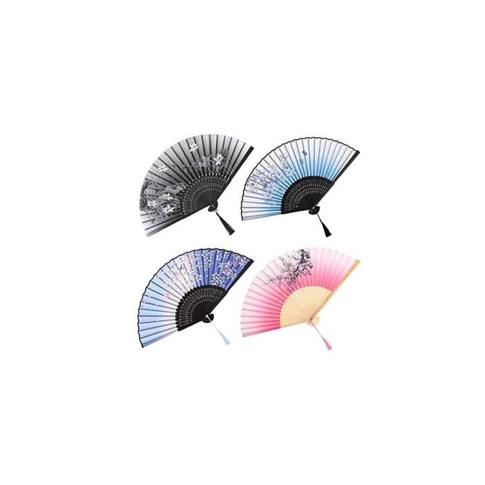 Éventails Pliables Bambou Et Soie - Lot De 2, Avec Pompons (fleur De Pêche Et Cerise)