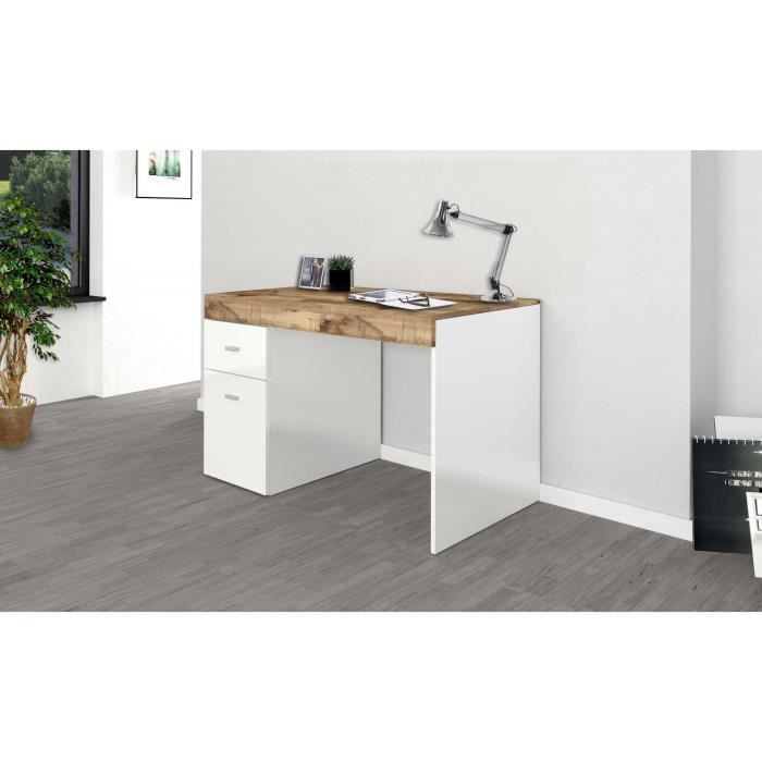 bureau carmine - dmora - bureau linéaire support pc - table de bureau polyvalente - blanc brillant et érable