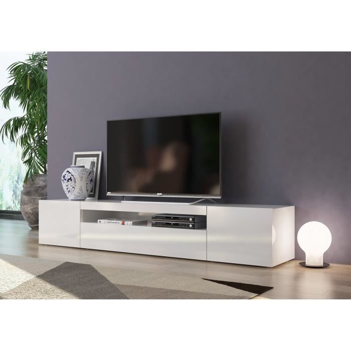 Dmora Meuble TV de salon Made in Italy Meuble TV avec 3 portes et étagères cm 200x40h37 couleur blanc brillant