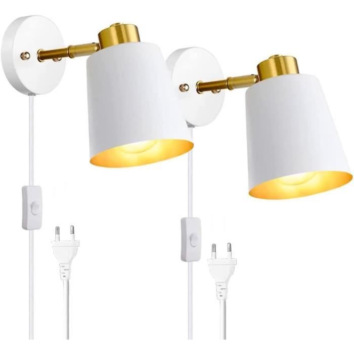 Lot De 2 Appliques Murales Avec Prise Et Interrupteur - Spot Pivotant 350° GU10 Vintage Industriel Pour Chambre, Salon Ou Bureau