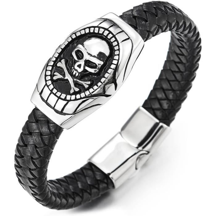 Bracelet en cuir tressé tête de mort Harley-Davidson pour hommes - noir et argent - Léo Harley-Davidson