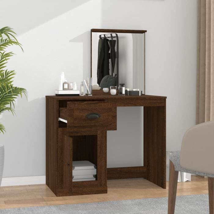Coiffeuse - FYDUN - 90x50x1325 cm - Chêne marron - Bois dingénierie - Miroir inclus