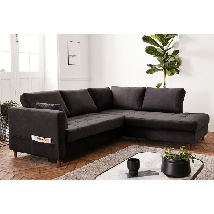 Canap&eacute; d'angle droit convertible 5 places Velours Gris fonc&eacute;
