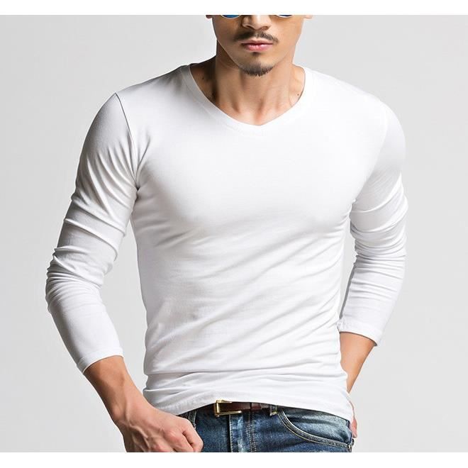Casual Homme Couleur unie tee shirt manche longue，Col bas chaud slim coton  T-Shirt，V-Neck Chemise de fond Blanc Blanc - Cdiscount Prêt-à-Porter
