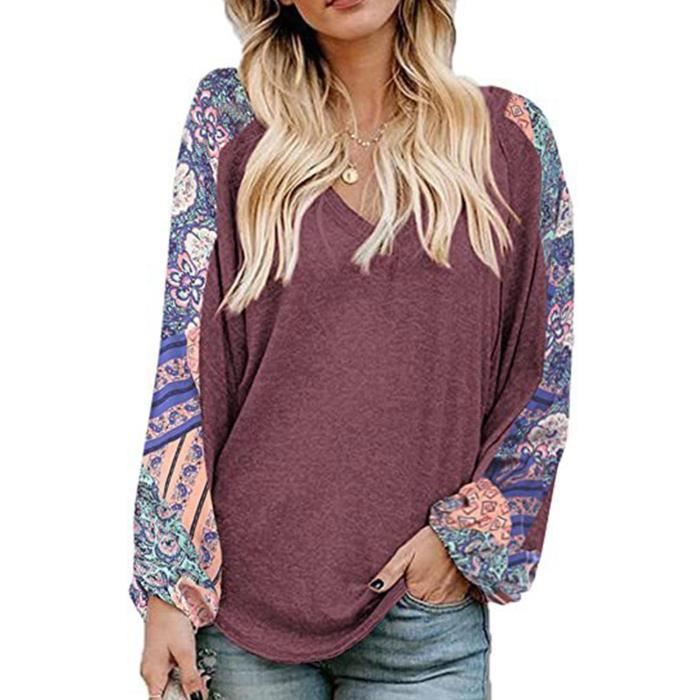 Dilwe Chemisier manches longues pour femmes Women Fall V Neck Bohemia Splicing Print Blouse Casual Long vetements pardessus
