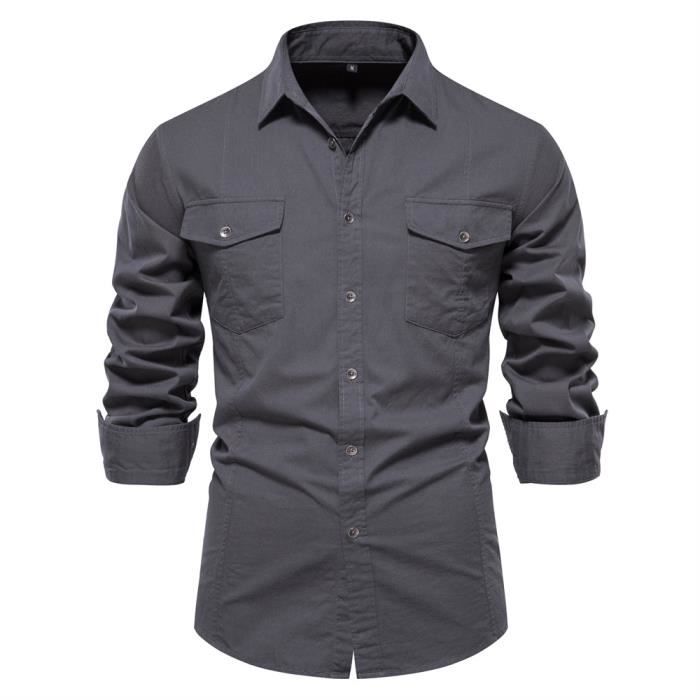 Chemise Homme Manches Longues en Coton Casual Chemise Avec Poches Poitrine Couleur Unie Confortable Gris Cdiscount Pret a Porter